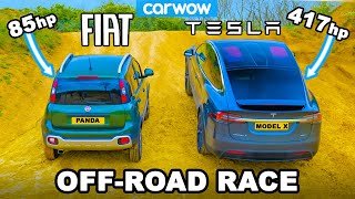 Tesla Model X v Fiat Panda Cross UPHILL DRAG RACE amp which is best OFFROAD [upl. by Priscilla]