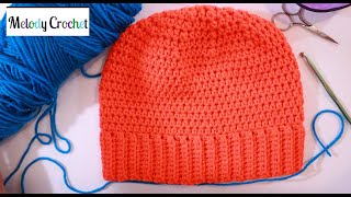 How to CROCHET a RIBBED BRIM BEANIE  Hat by Melody Crochet [upl. by Angil197]