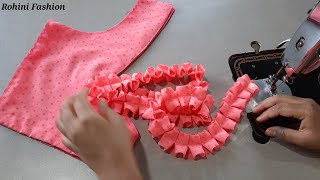 Frill blouse design  Cutting and stitching back neck design [upl. by Ahseele601]