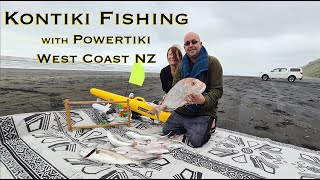 Kontiki Fishing New Zealands West Coast Karioitahi Beach  Powertiki Autopilot Electric Kontiki [upl. by Notloc]