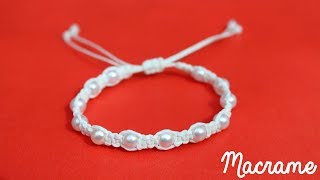 Como hacer una Pulsera de hilo simple con perlas✧ NUDO PLANO Macrame [upl. by Mosa114]