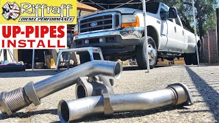 2001 F350 73  RiffRaff UpPipes Install  Stock up pipes leaking and falling apart JUNK SP [upl. by Ocirne]