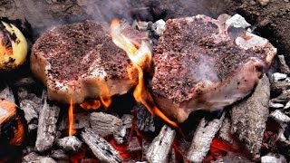 Caveman Steak Recipe  Cooked directly on the coals [upl. by Drolet]